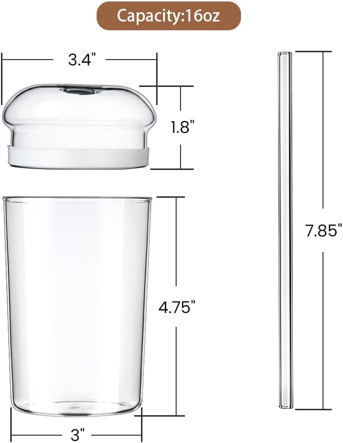 Combler 16oz Glass Cups with Dome Lids and Straws