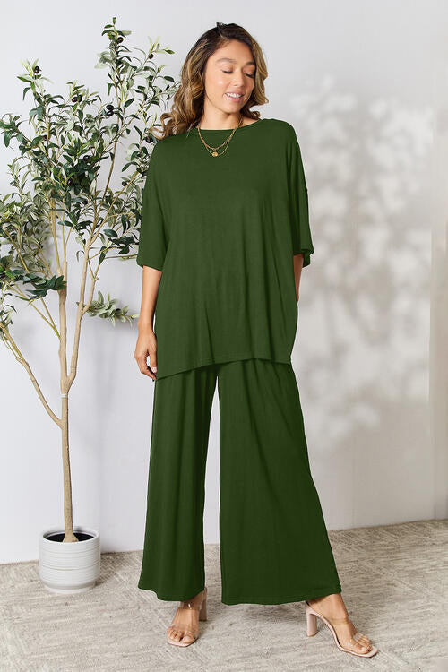 Double Take Round Neck Slit Top and Pants Set