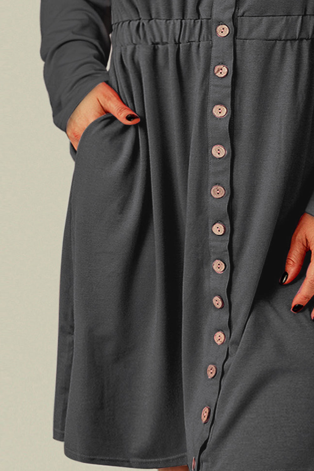 Button Front Elastic Waist Long Sleeve Dress - Plus Sizes