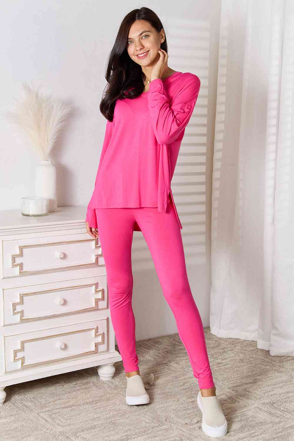 Basic Bae V-Neck Soft Rayon Long Sleeve Top and Pants Lounge Set