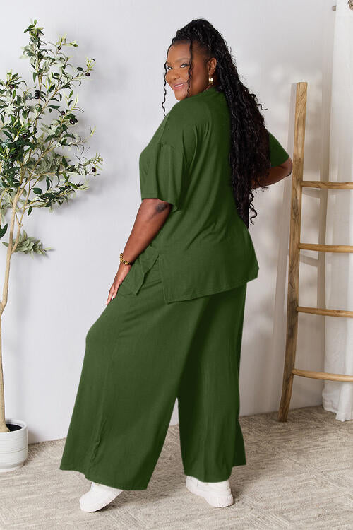 Double Take Round Neck Slit Top and Pants Set