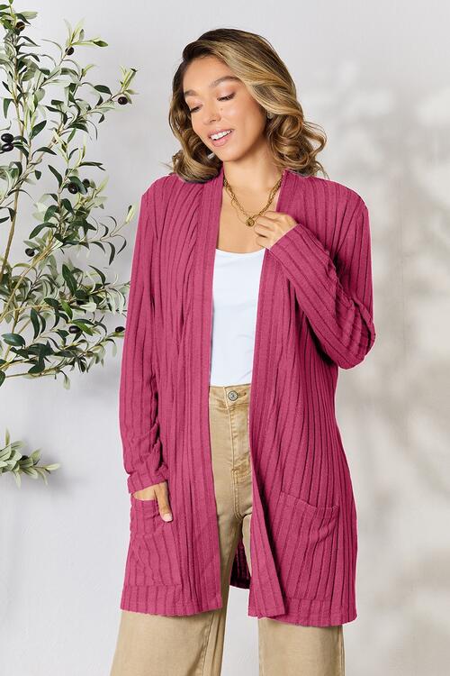 Basic Bae Ribbed Open Front Cardigan with Pockets