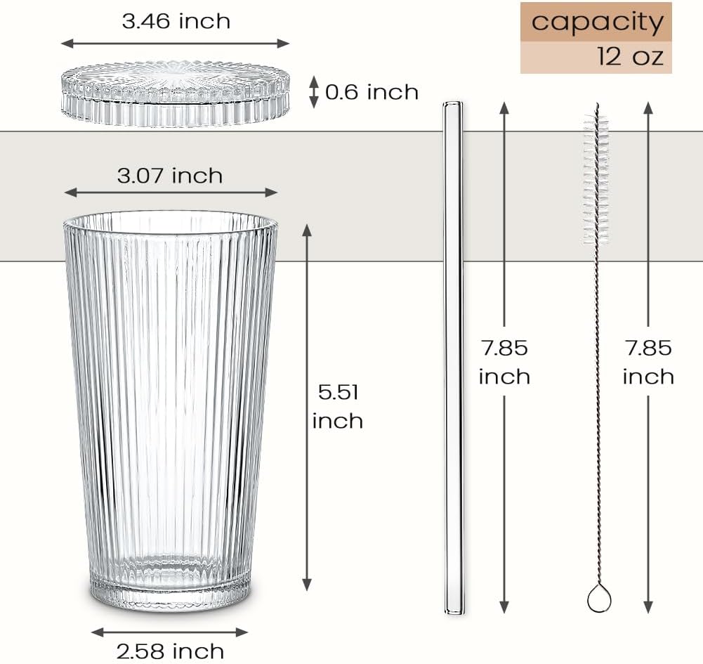 Combler 12 oz Glass Cups with Lids and Straws