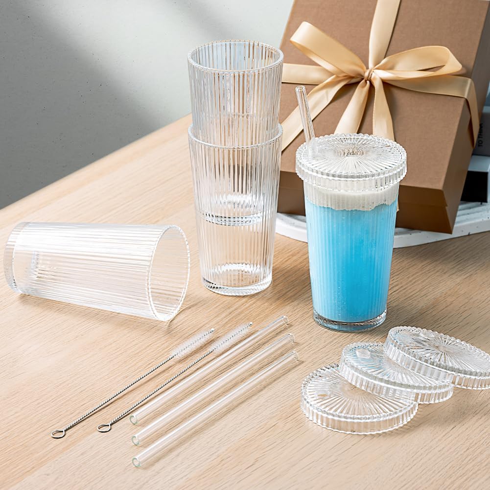 Combler 12 oz Glass Cups with Lids and Straws