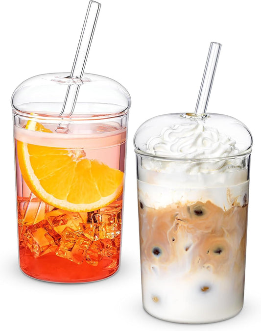 Combler 16oz Glass Cups with Dome Lids and Straws