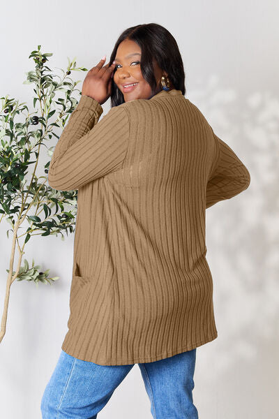 Basic Bae Ribbed Open Front Cardigan with Pockets