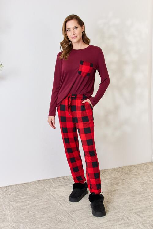 Zenana Plaid Round Neck Top and Pants Pajama Set