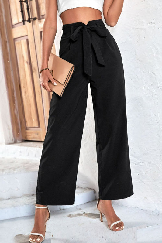 Bow Front Belted High-Rise Wide Leg Pants