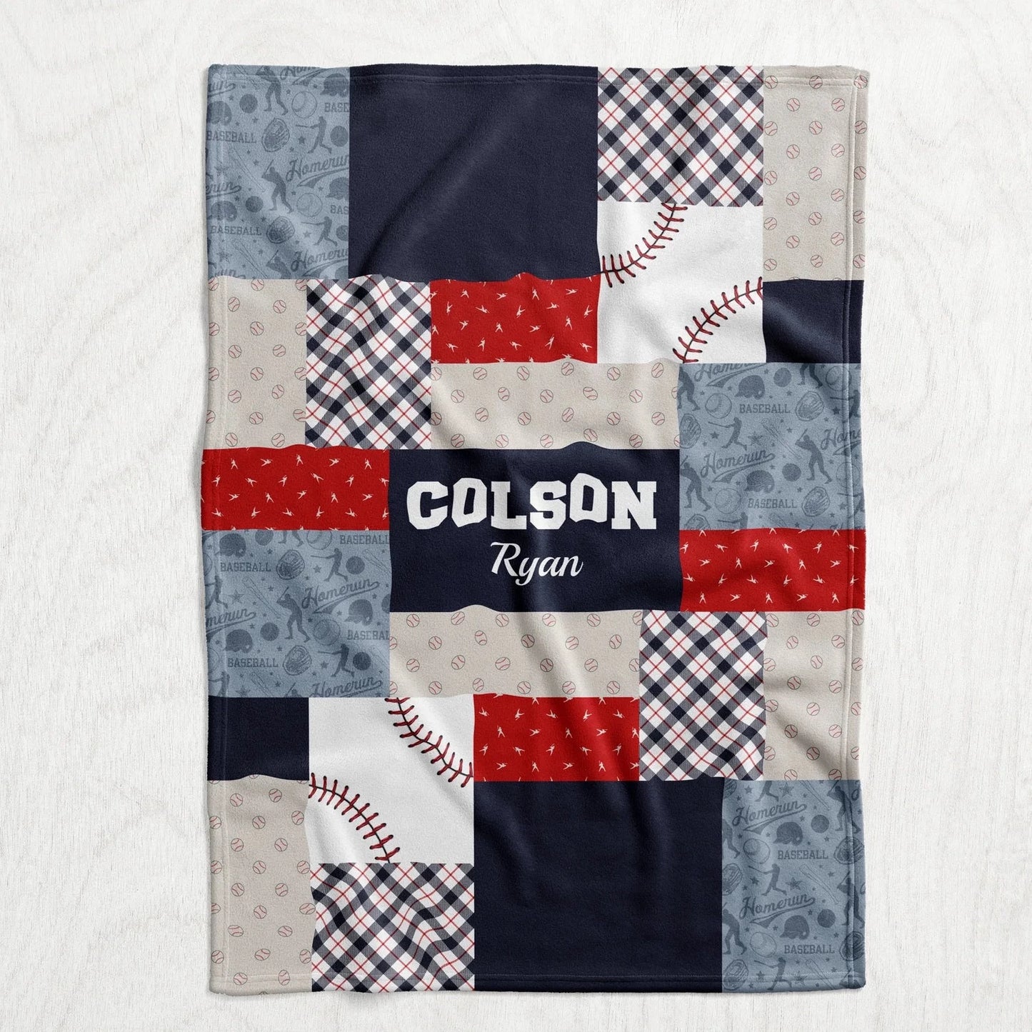 Custom Personalized Plush Minky Blanket - Baseball Faux Quilt Style  // 3 sizes