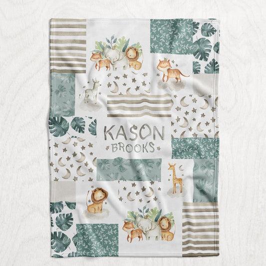 Custom Personalized Plush Minky Blanket - Safari Animals Faux Quilt Style // 3 sizes