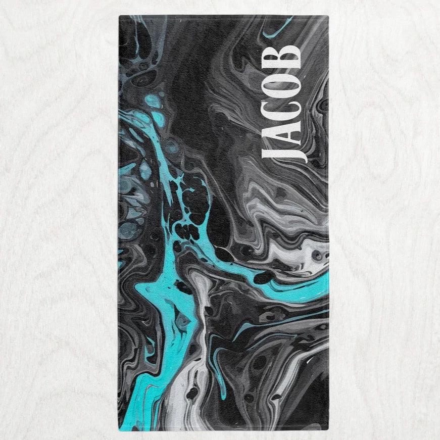 Custom Personalized Subtle Swirl Towel - Black & Turquoise Marbled Ink Style Premium Microfiber Towel // 2 sizes