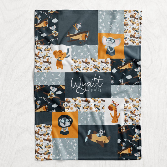Custom Personalized Plush Minky Blanket - Animal Pilot Faux Quilt Style  // 3 sizes