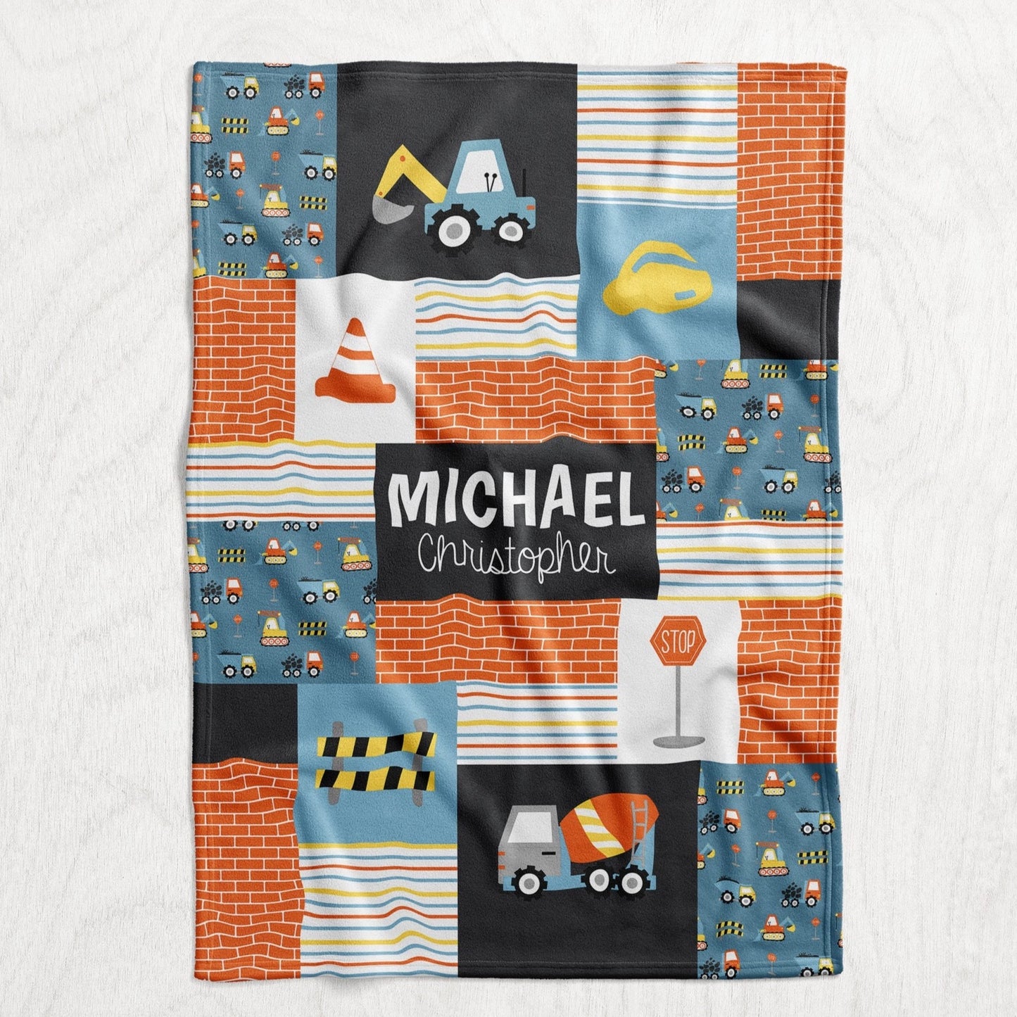 Custom Personalized Plush Minky Blanket - Boy's Construction Truck Faux Quilt Style  // 3 sizes