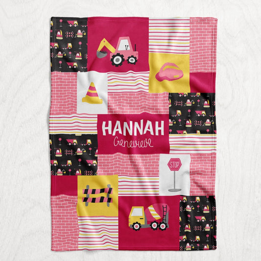 Custom Personalized Plush Minky Blanket - Girl's Construction Truck Faux Quilt Style  // 3 sizes