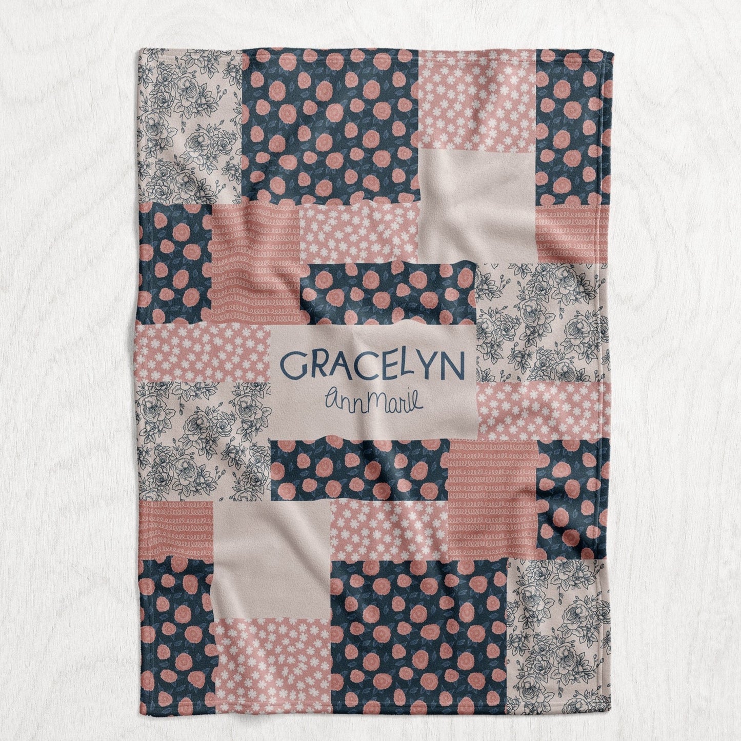Custom Personalized Plush Minky Blanket - Pink & Navy Floral  Faux Quilt Style  // 3 sizes