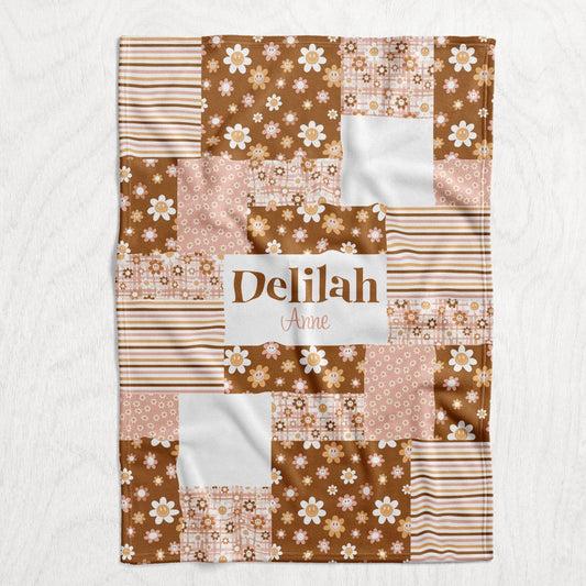 Custom Personalized Plush Minky Blanket - Retro Floral Faux Quilt Style  // 3 sizes