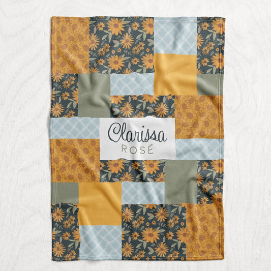 Custom Personalized Plush Minky Blanket - Soft Sunflower Faux Quilt Style  // 3 sizes