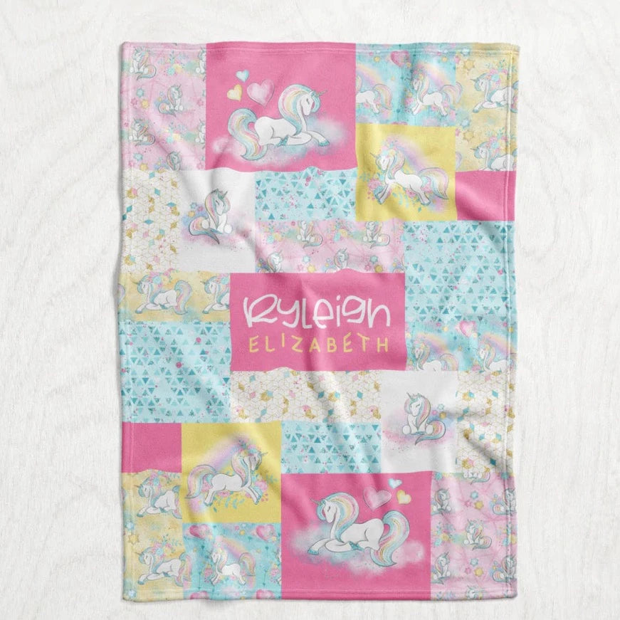Custom Personalized Plush Minky Blanket - Rainbow Unicorn Faux Quilt Style // 3 sizes