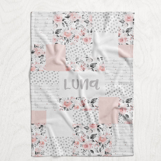 Custom Personalized Plush Minky Blanket - Pink & Gray Watercolor Floral Quilt Style // 3 sizes