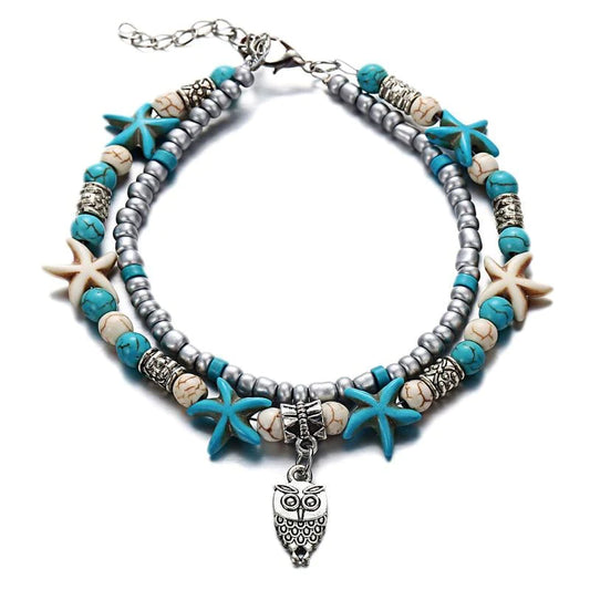Owl Charm | Turquoise and Silver Beaded Anklet
