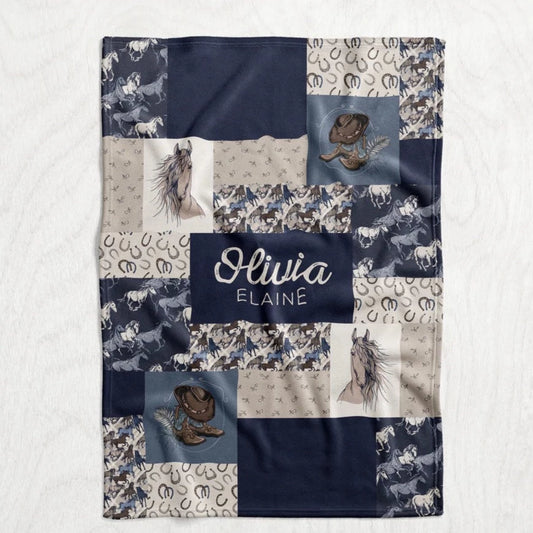 Custom Personalized Plush Minky Blanket - Girl's Navy Wild Horses Faux Quilt Style // 3 sizes