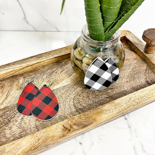 Buffalo Plaid Check Double Sided Leather Earrings