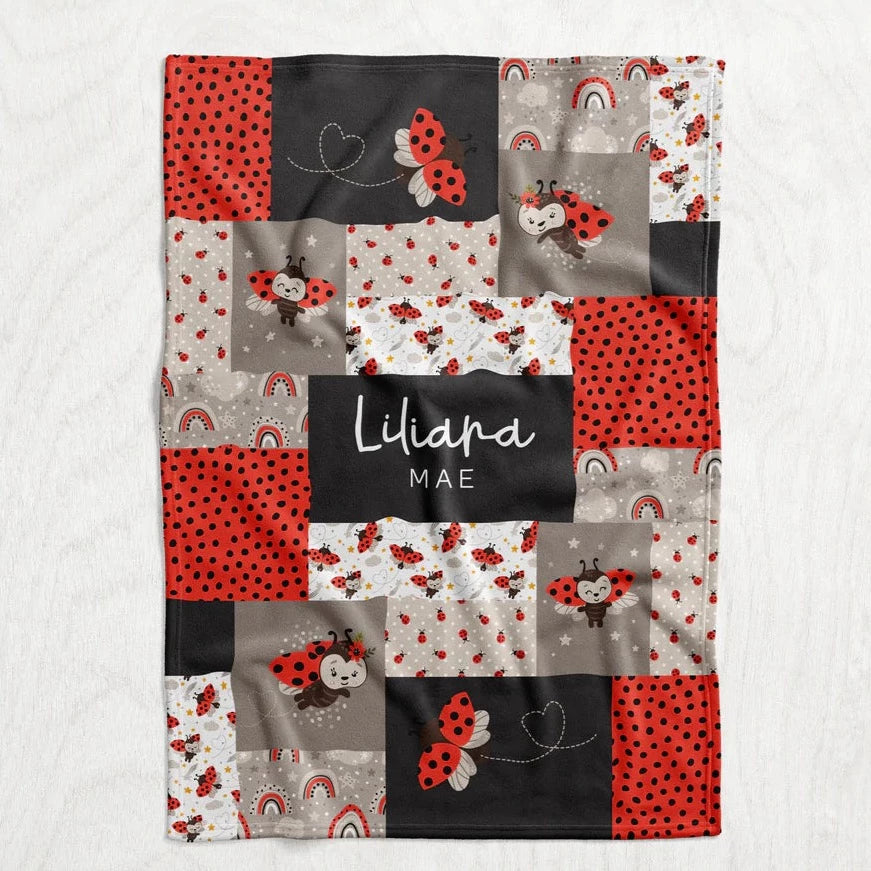 Custom Personalized Plush Minky Blanket - Ladybug Faux Quilt Style // 3 sizes