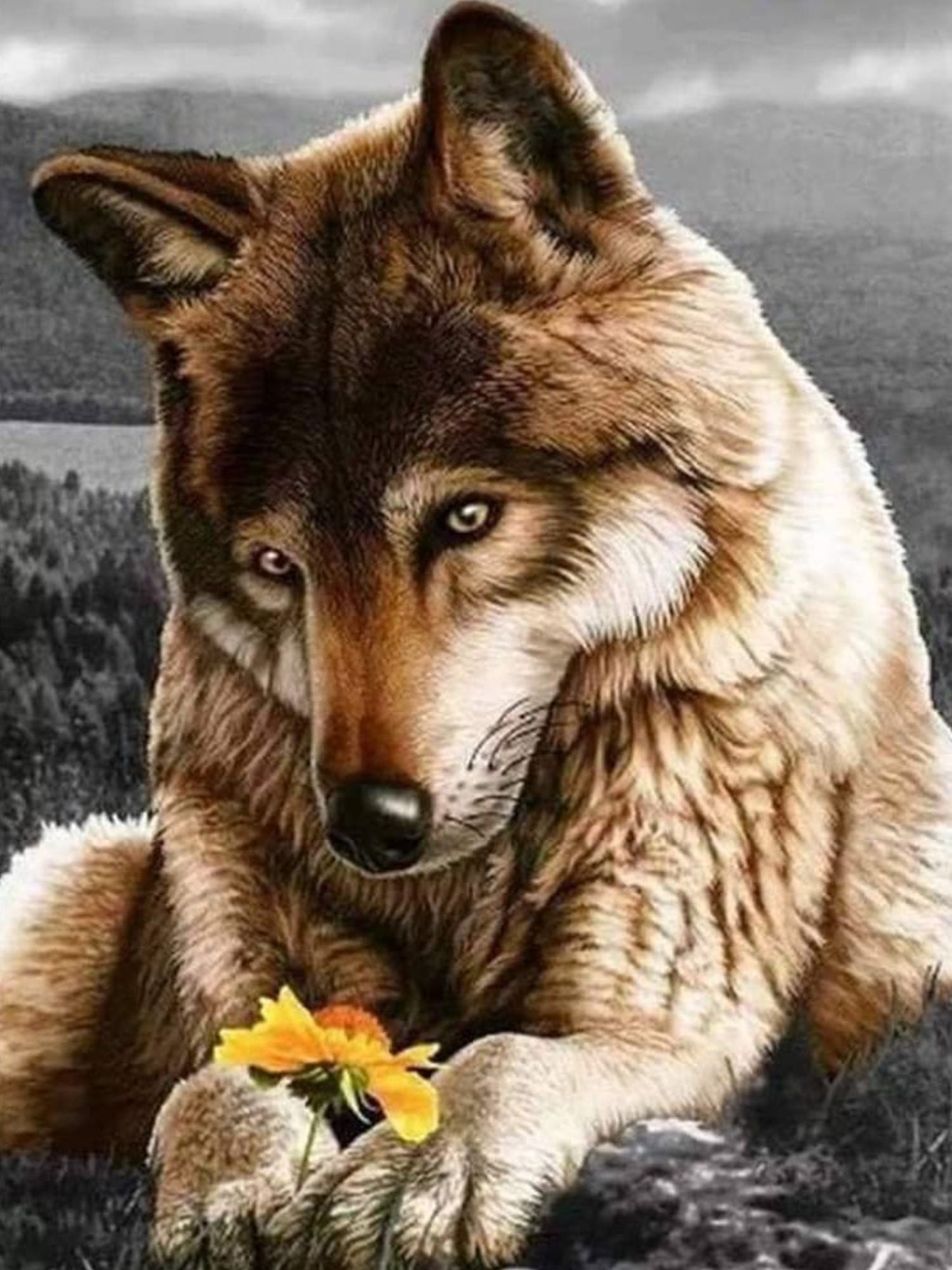 Wolf Yellow Flower - Diamond Art kit