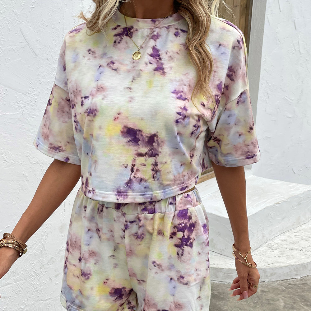 Round Neck Dropped Shoulder Half Sleeve Tie Dye Top and Shorts Set