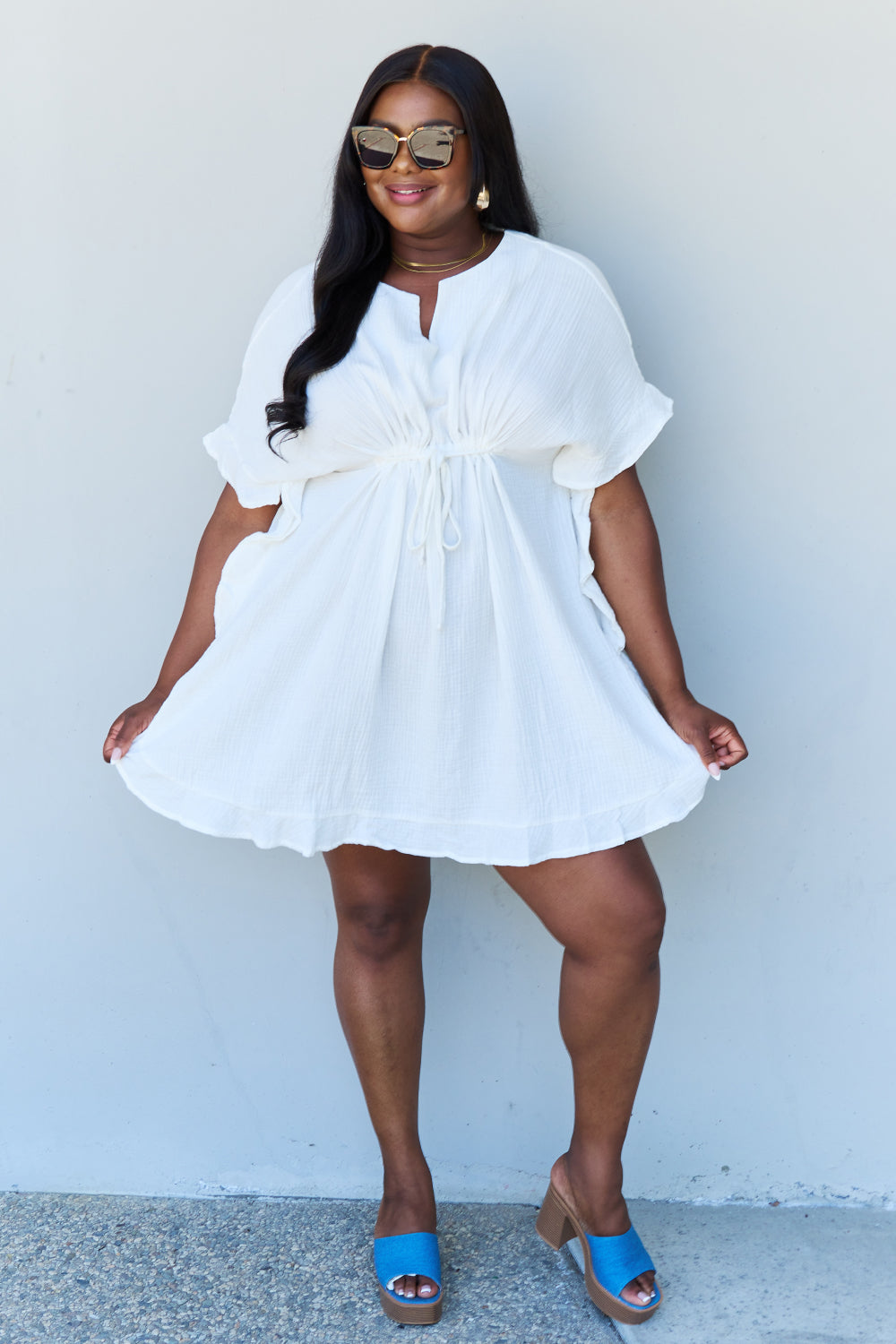 Ninexis Out Of Time Ruffle Hem Dress with Drawstring Waistband in White