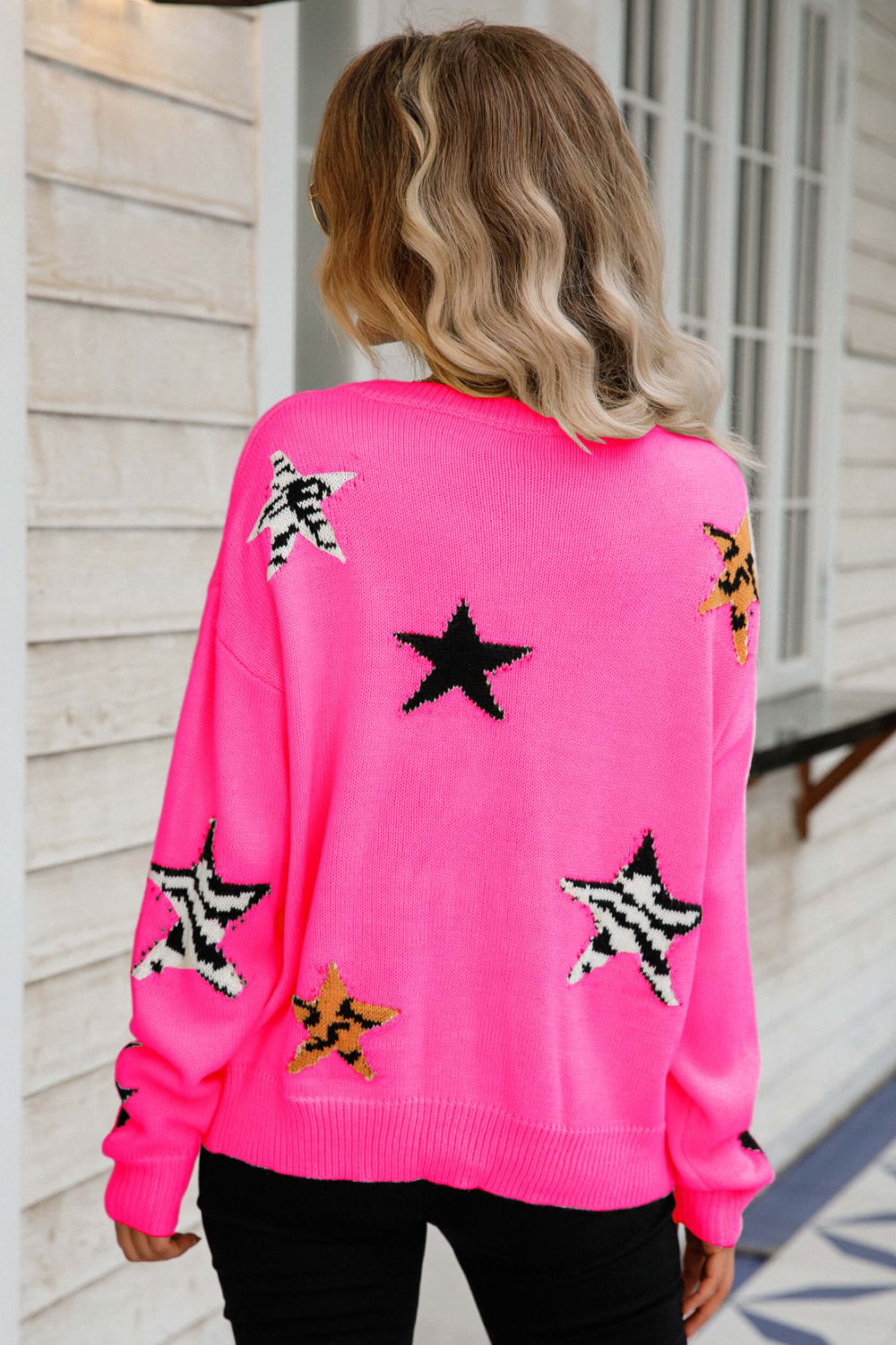 Star Pattern Round Neck Dropped Shoulder Sweater // 4 Colors!