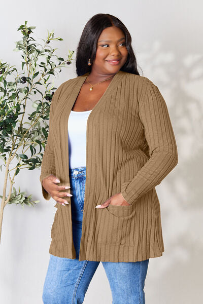 Basic Bae Ribbed Open Front Cardigan with Pockets