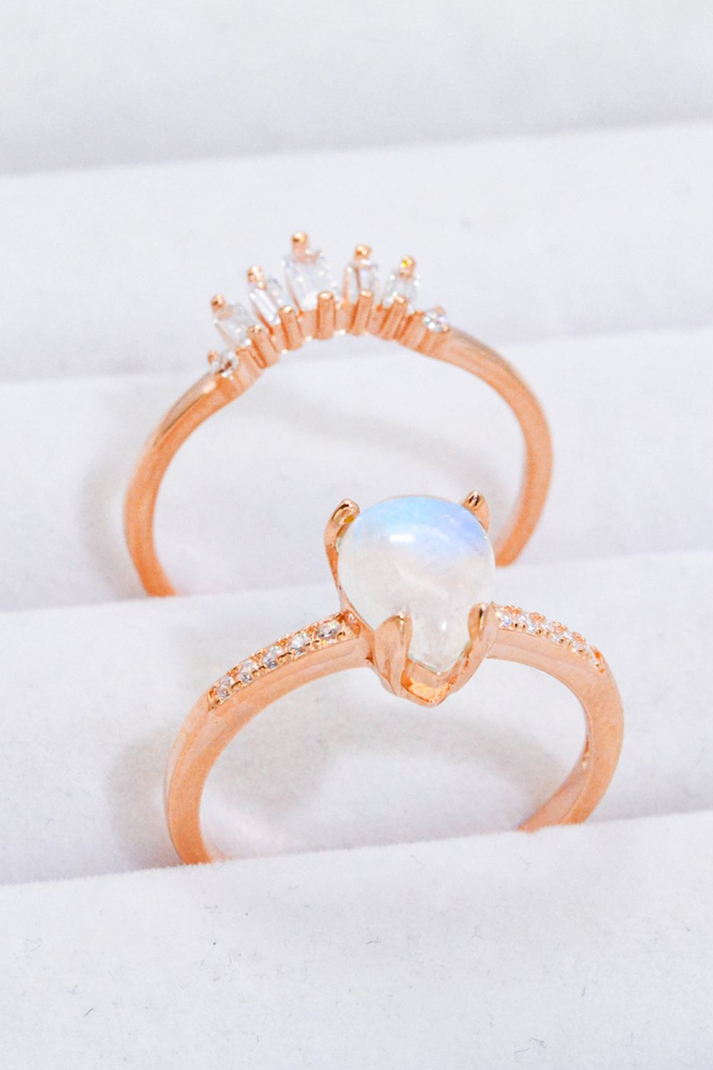 Natural Moonstone and Zircon 18K Rose Gold-Plated Two-Piece Ring Set