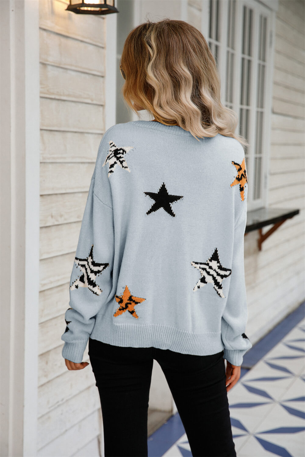 Star Pattern Round Neck Dropped Shoulder Sweater // 4 Colors!