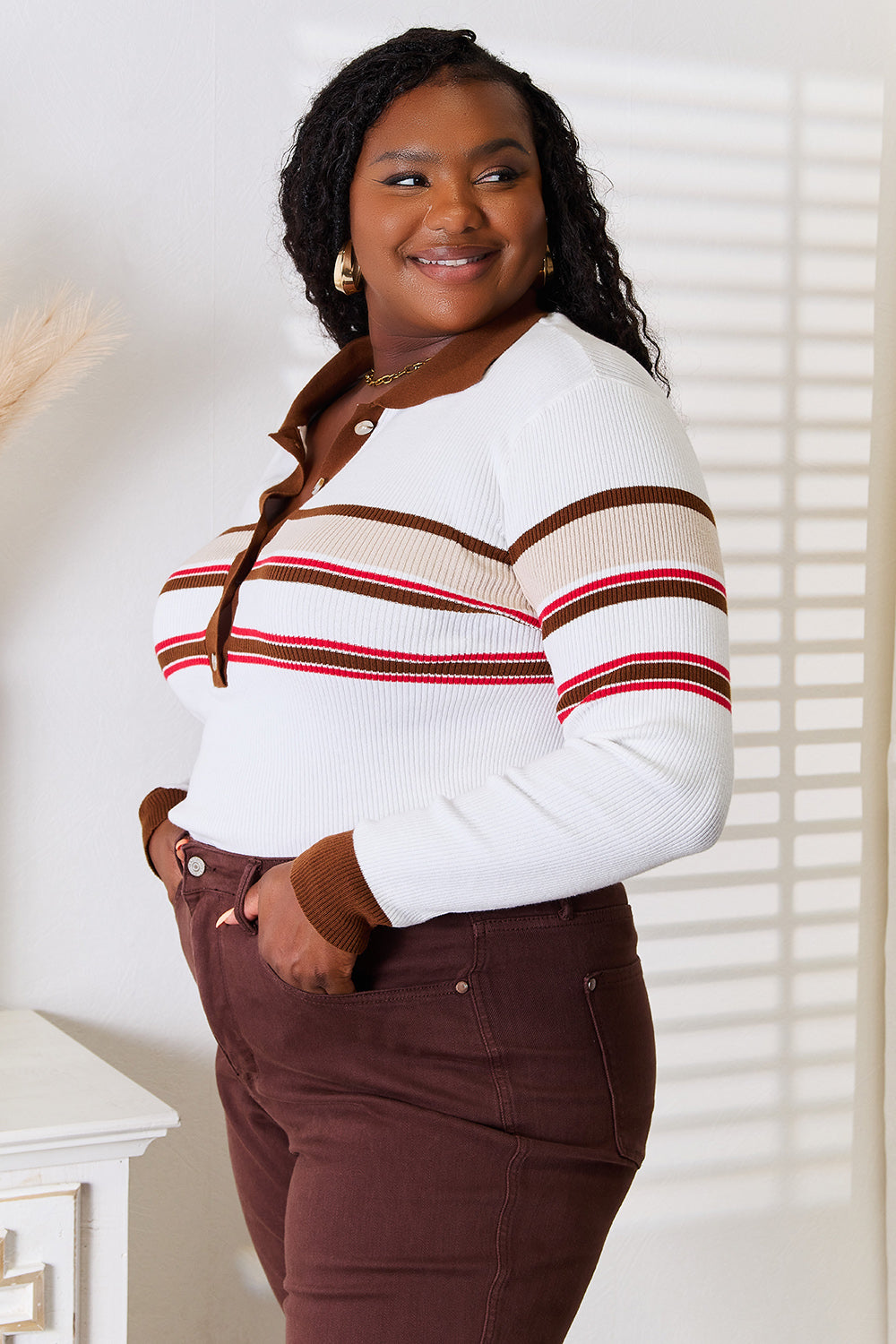 Double Take Striped Collared Neck Rib-Knit Top