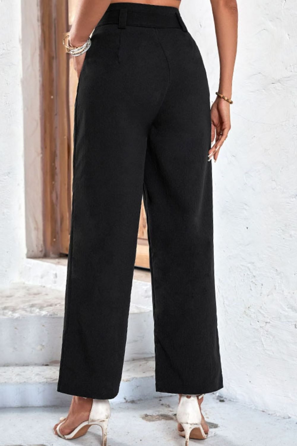 Bow Front Belted High-Rise Wide Leg Pants