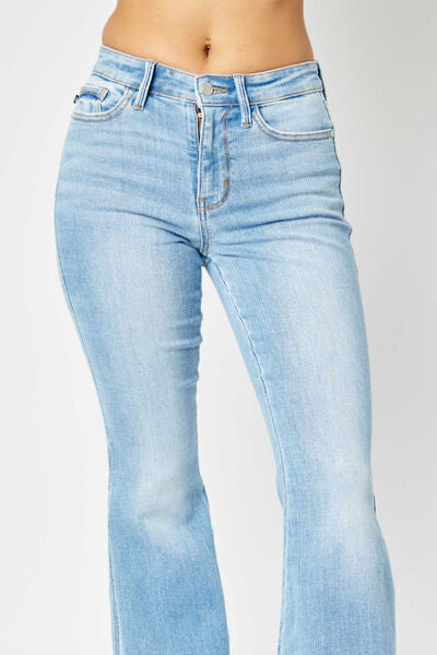 Judy Blue Mid Rise Raw Hem Slit Flare Jeans