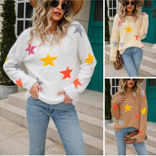 Star Pattern Round Neck Fuzzy Sweater