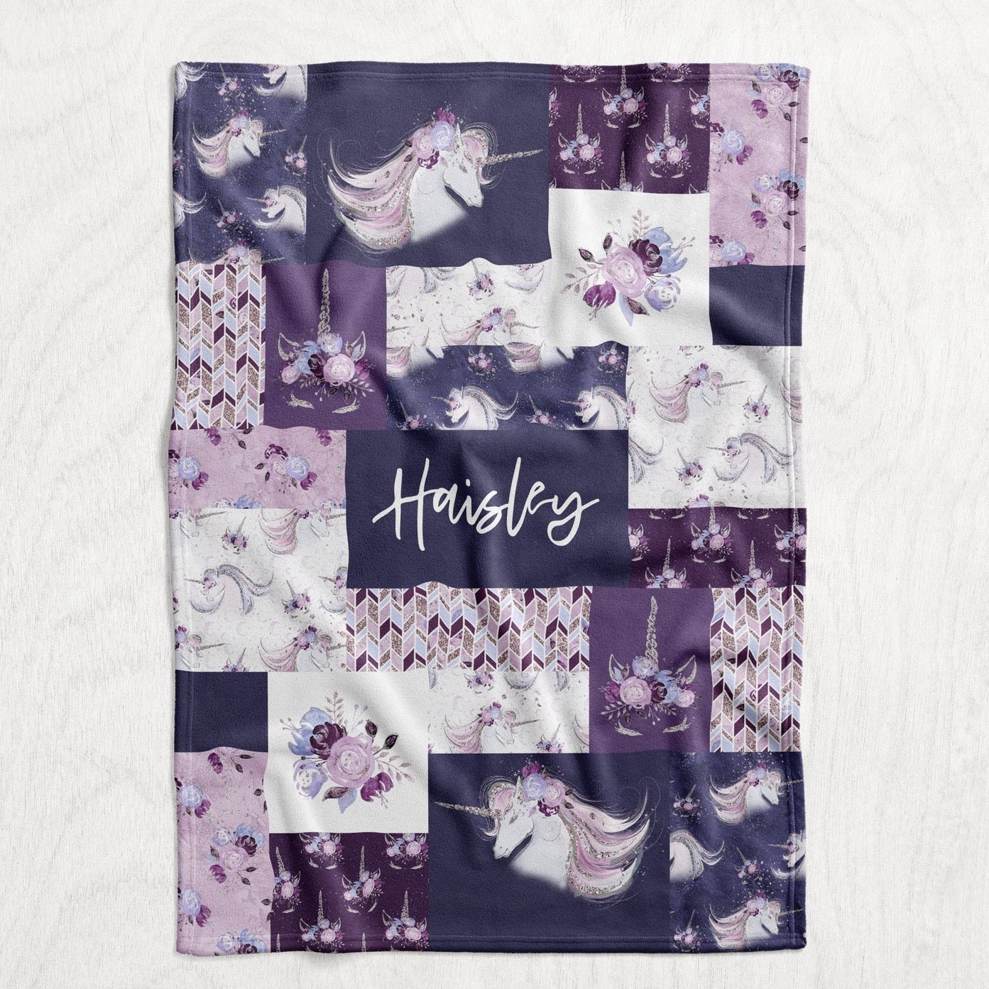 Custom Personalized Plush Minky Blanket - Purple Floral Boho Unicorn Faux Quilt Style // 3 sizes