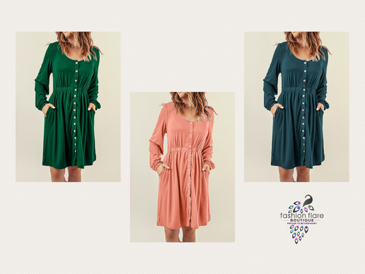 Button Down Long Sleeve Dress with Pockets // MULTIPLE COLORS